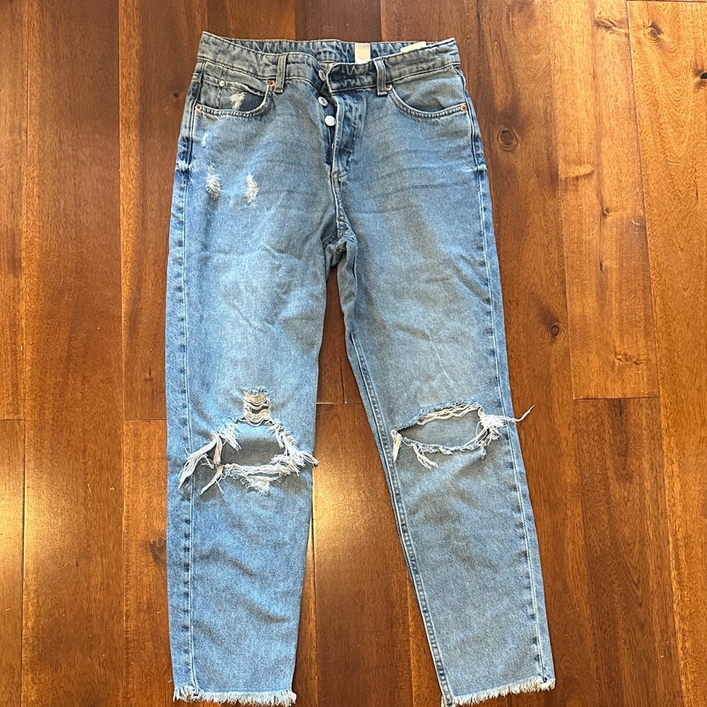 H&M Light Blue Distressed Straight Leg Jeans
